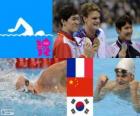 Ανδρικά παντελόνια 200 μέτρο freestyle πόντιουμ, Yannick Agnel (Γαλλία), Sun Yang (Κίνα) και πάρκο Tae-Χουάν (Νότια Κορέα) - London 2012-